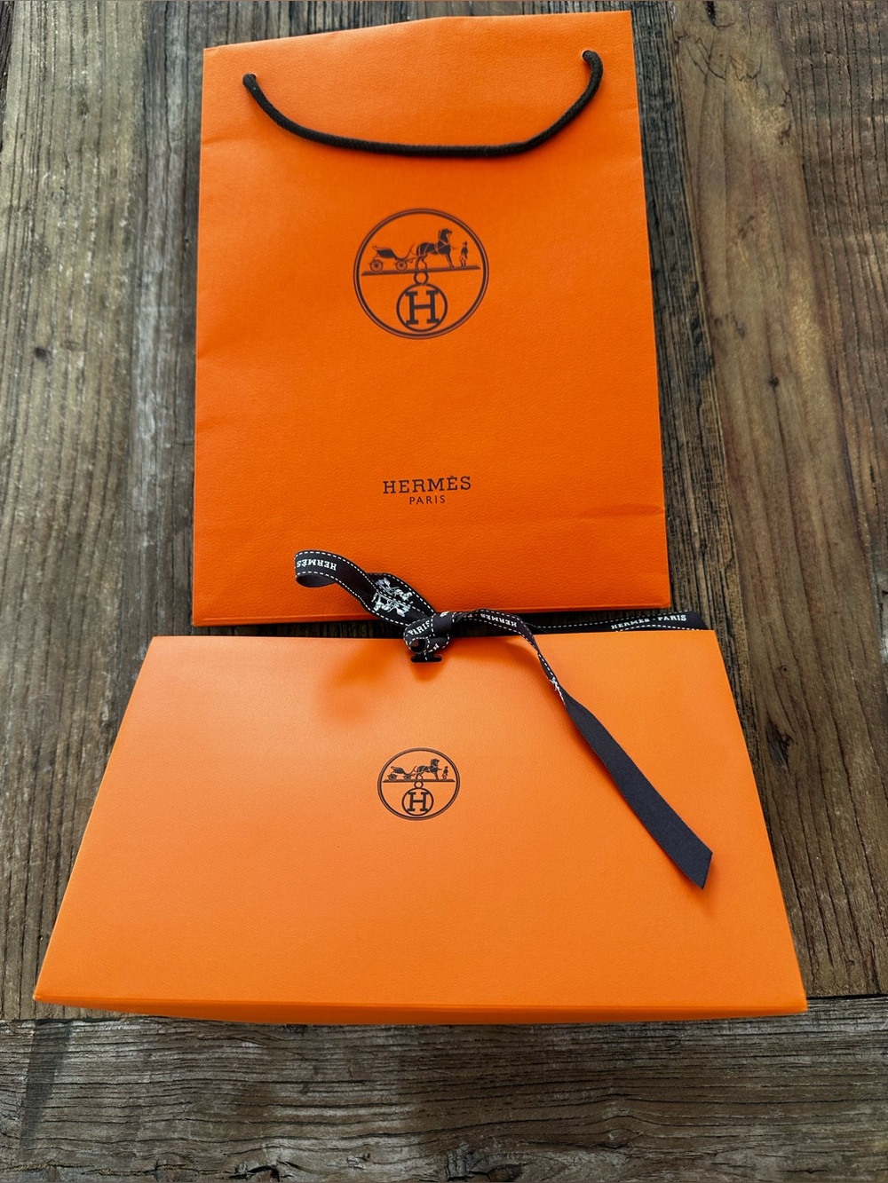 Hermes Orange Gift Bag and Box with Black Ribbon